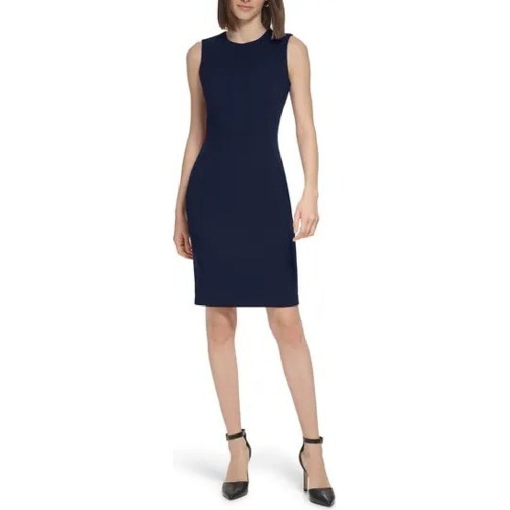 Tahari Womens Navy Blue Sleeveless Sheath Dress Size 8 Professional Midi Dress